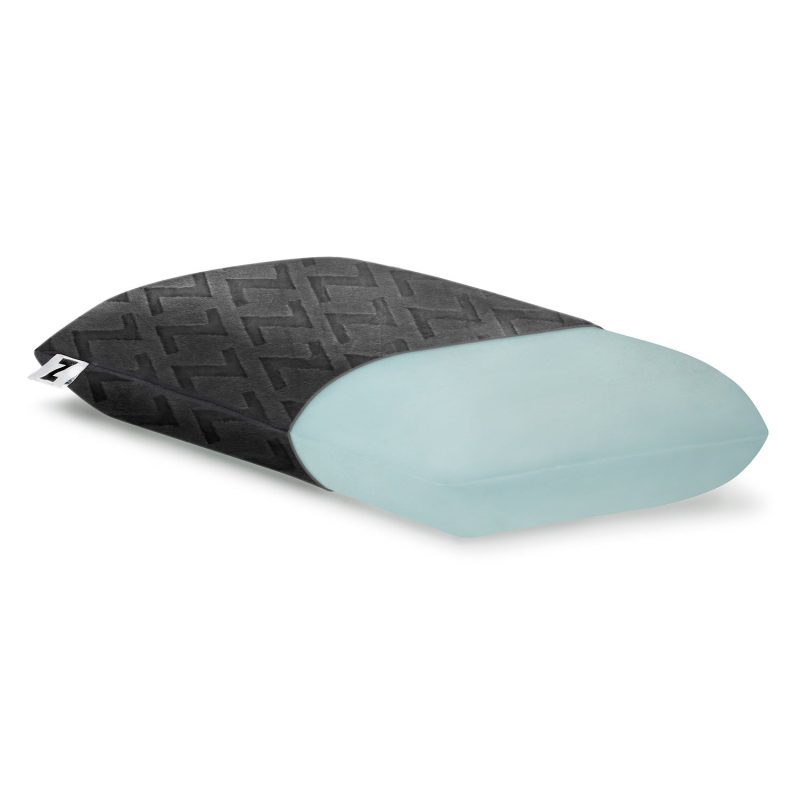 A black and blue Malouf travel pillow on a white background.