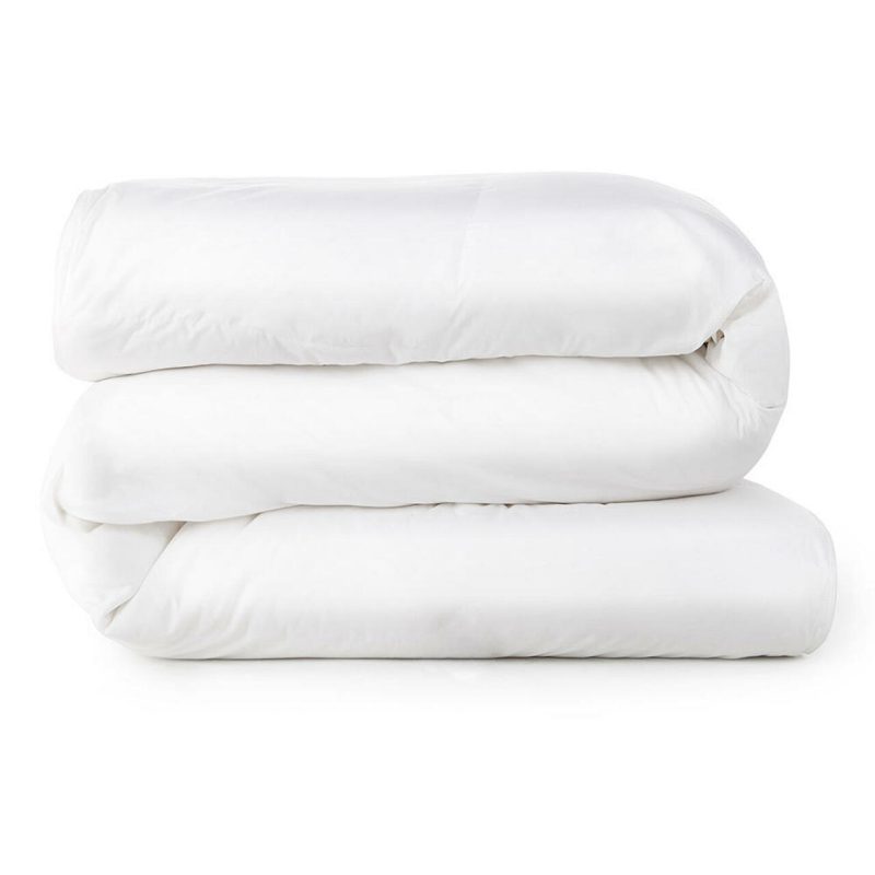 Two neatly folded Stearns & Foster White Down Comforters with 400 thread count cotton stacked against a white background, presenting a clean and simplistic bedding option.